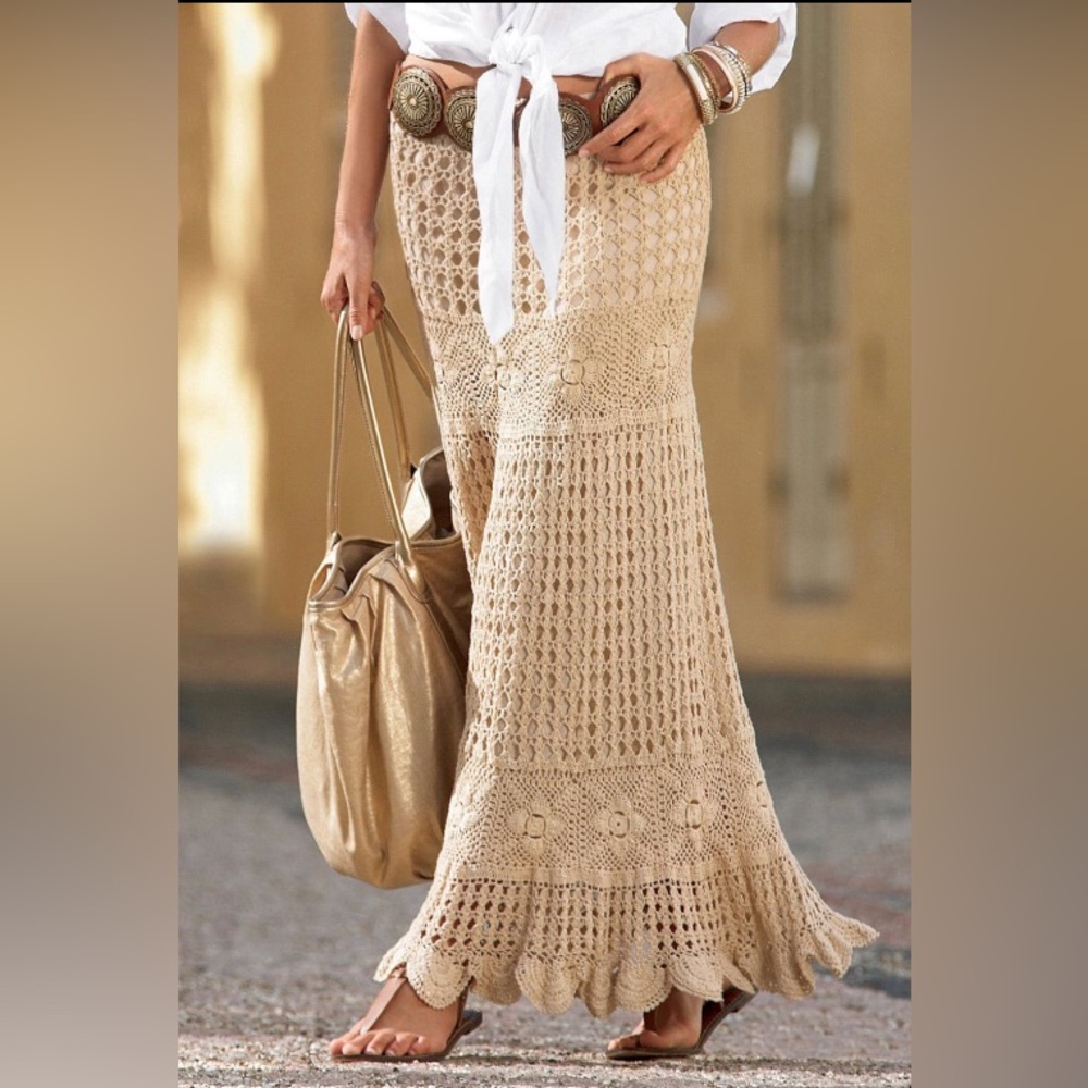 Boston Proper Cream Hand-Crotched Bohemian Maxi Skirt NWT